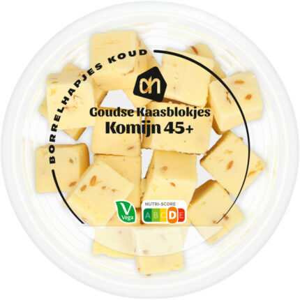 AH Goudse kaasblokjes jong komijn 48+ bevat 0g koolhydraten