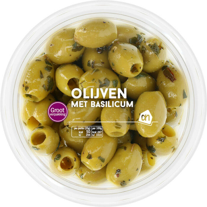 AH Groene olijven met basilicum bevat 0.9g koolhydraten