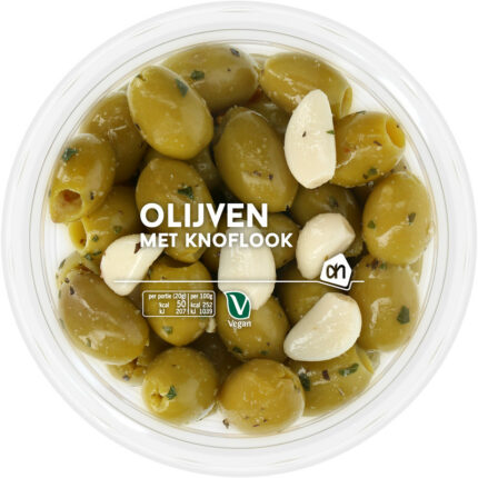 AH Groene olijven met knoflook bevat 2.1g koolhydraten