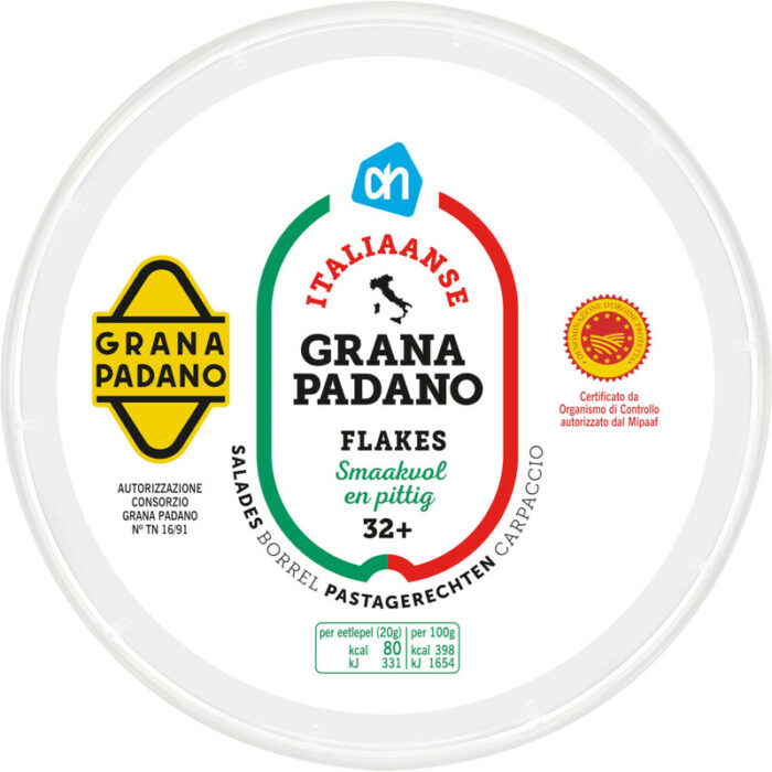 AH Italiaanse grana padano 32+ flakes bevat 0g koolhydraten