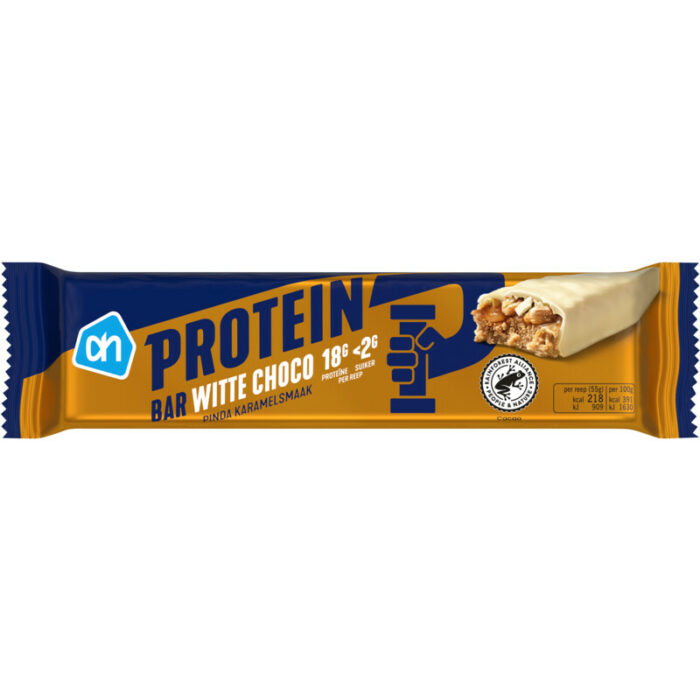 AH Protein bar white choco pinda karamel bevat 5g koolhydraten