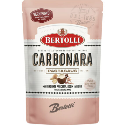 Bertolli Pastasaus in zak carbonara bevat 2.9g koolhydraten