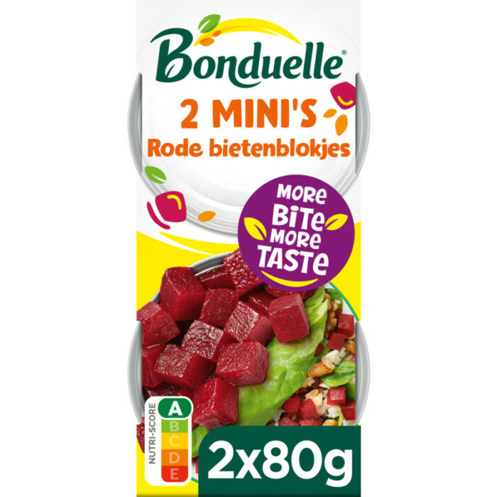 Bonduelle Rode bietenblokjes 2 mini's voor salades bevat 5.8g koolhydraten