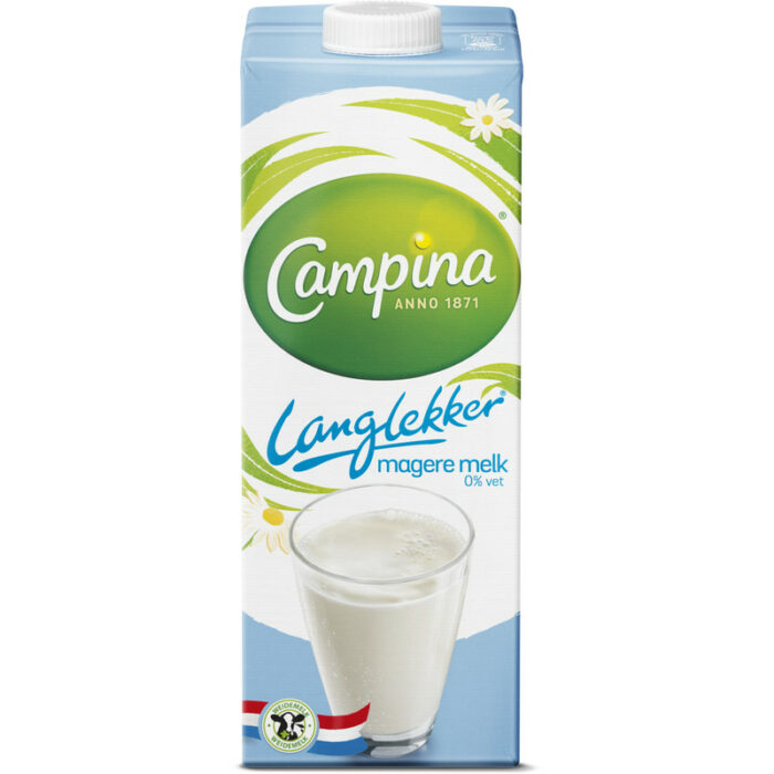 Campina Langlekker magere melk 0% vet bevat 5g koolhydraten