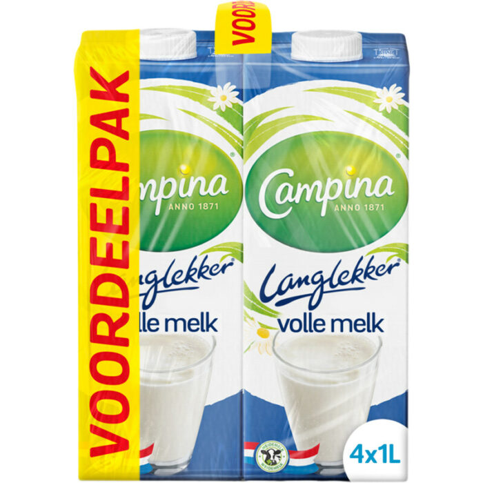 Campina Langlekker volle melk voordeel 4-pack bevat 4.7g koolhydraten