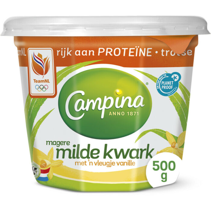 Campina Magere milde kwark met vleugje vanille bevat 7g koolhydraten