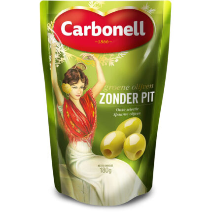 Carbonell Groene olijven zonder pit bevat 0g koolhydraten