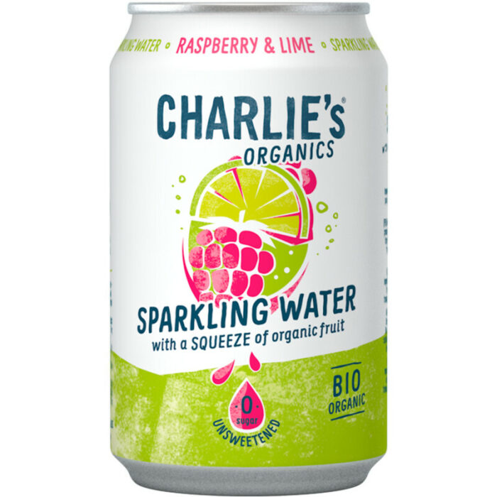Charlie's Organics sparkling raspberry & lime bevat 0g koolhydraten