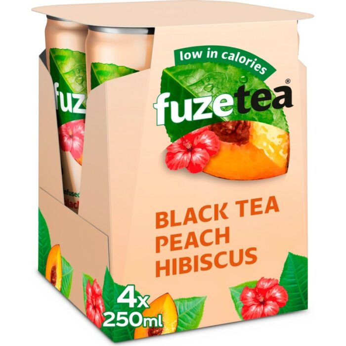 Fuze Tea Black ice tea peach hibiscus 4-pack bevat 4.3g koolhydraten