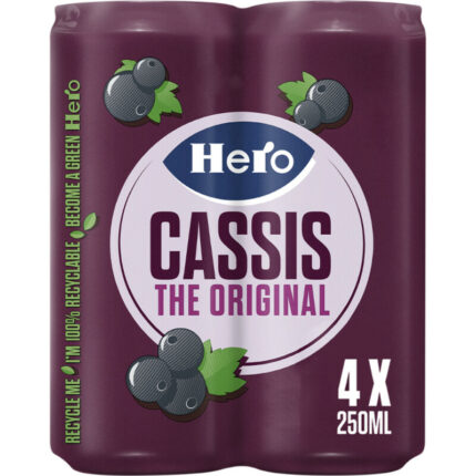 Hero Cassis blikjes frisdrank 4-pack bevat 6.6g koolhydraten