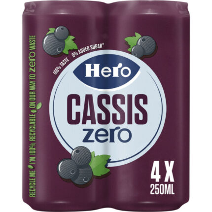 Hero Cassis zero 4-pack bevat 0.4g koolhydraten