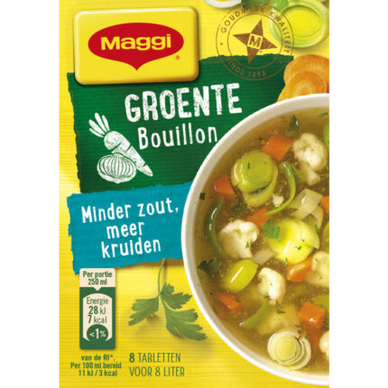 Maggi Groente bouillon minder zout bevat 0.3g koolhydraten