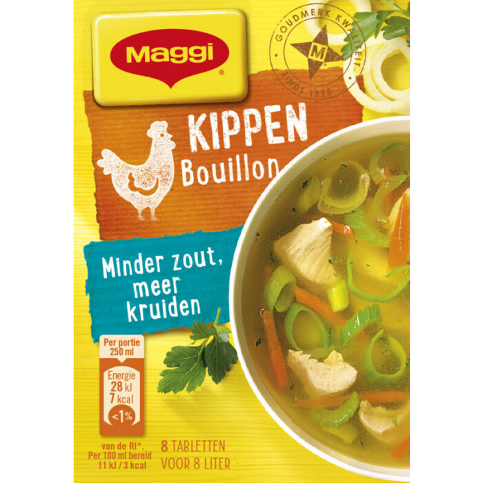 Maggi Kippen bouillon minder zout bevat 0.3g koolhydraten