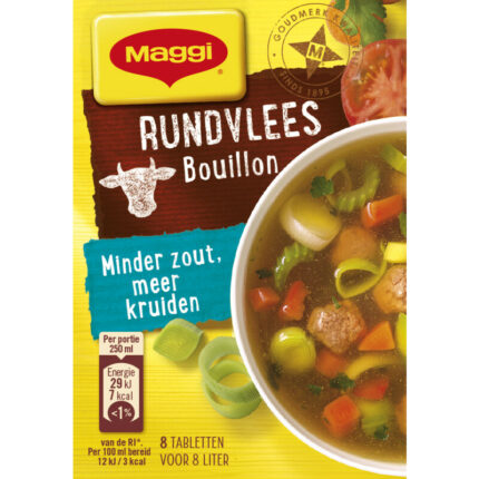 Maggi Rundvlees bouillon minder zout bevat 0.3g koolhydraten