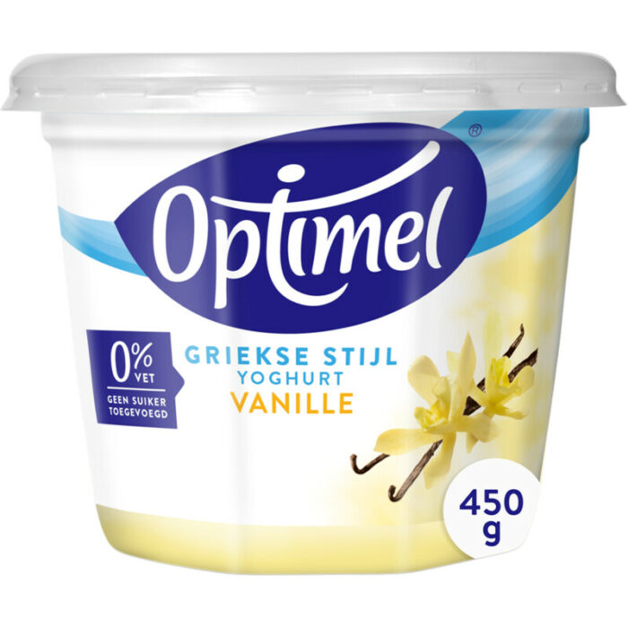 Optimel Magere Griekse stijl yoghurt vanille bevat 3.9g koolhydraten