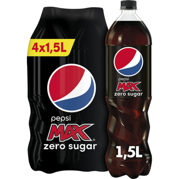 Pepsi Max zero sugar cola 4-pack bevat 0g koolhydraten