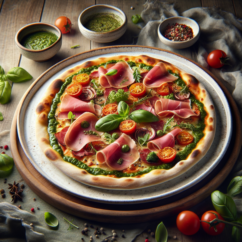 Keto Plaatpizza met Parmaham en Pesto