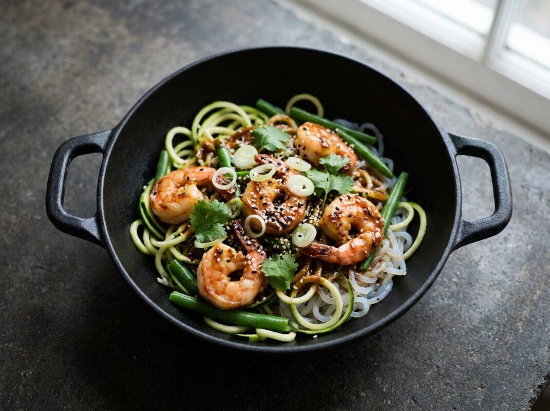 Keto Noedels met Sperziebonen en Garnalen