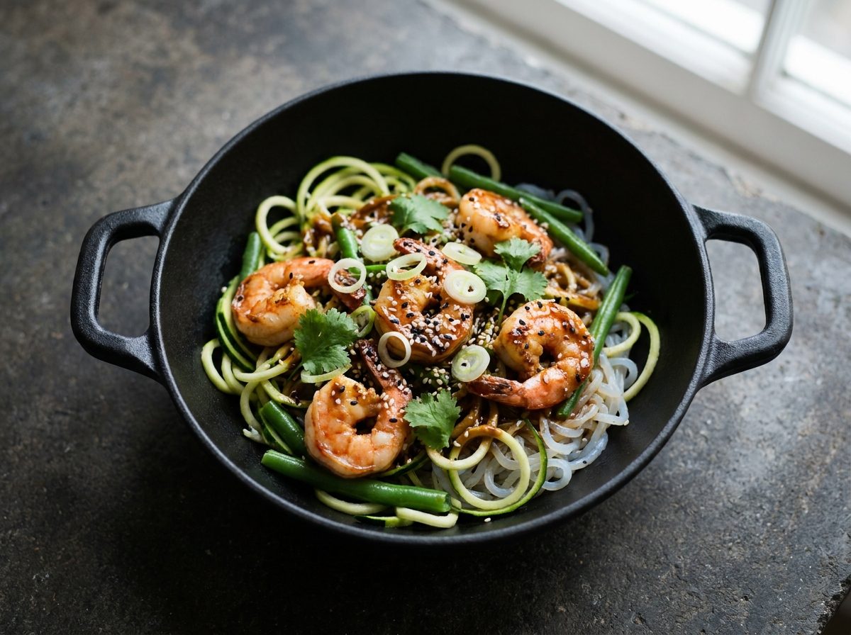 Keto Noedels met Sperziebonen en Garnalen