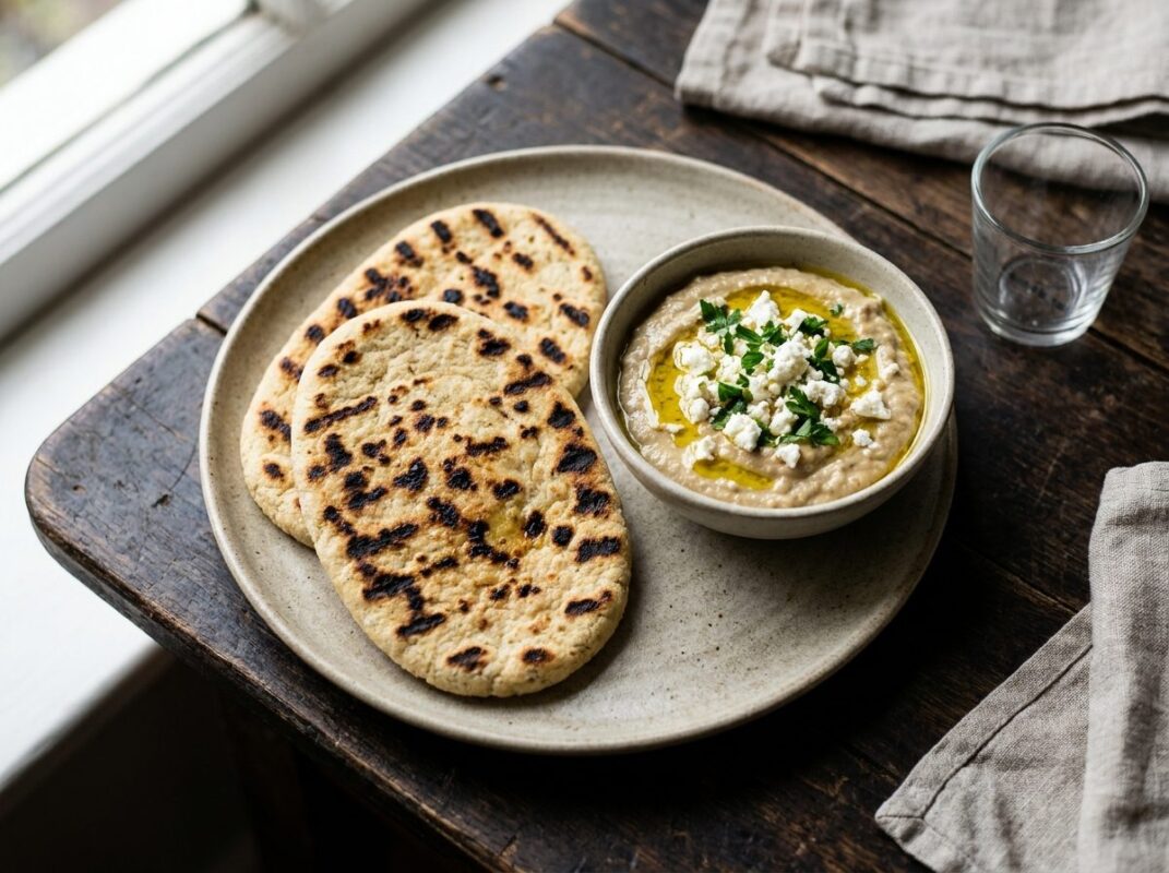 Keto Gegrilde Amandel-Flatbread met Aubergine-Tahindip