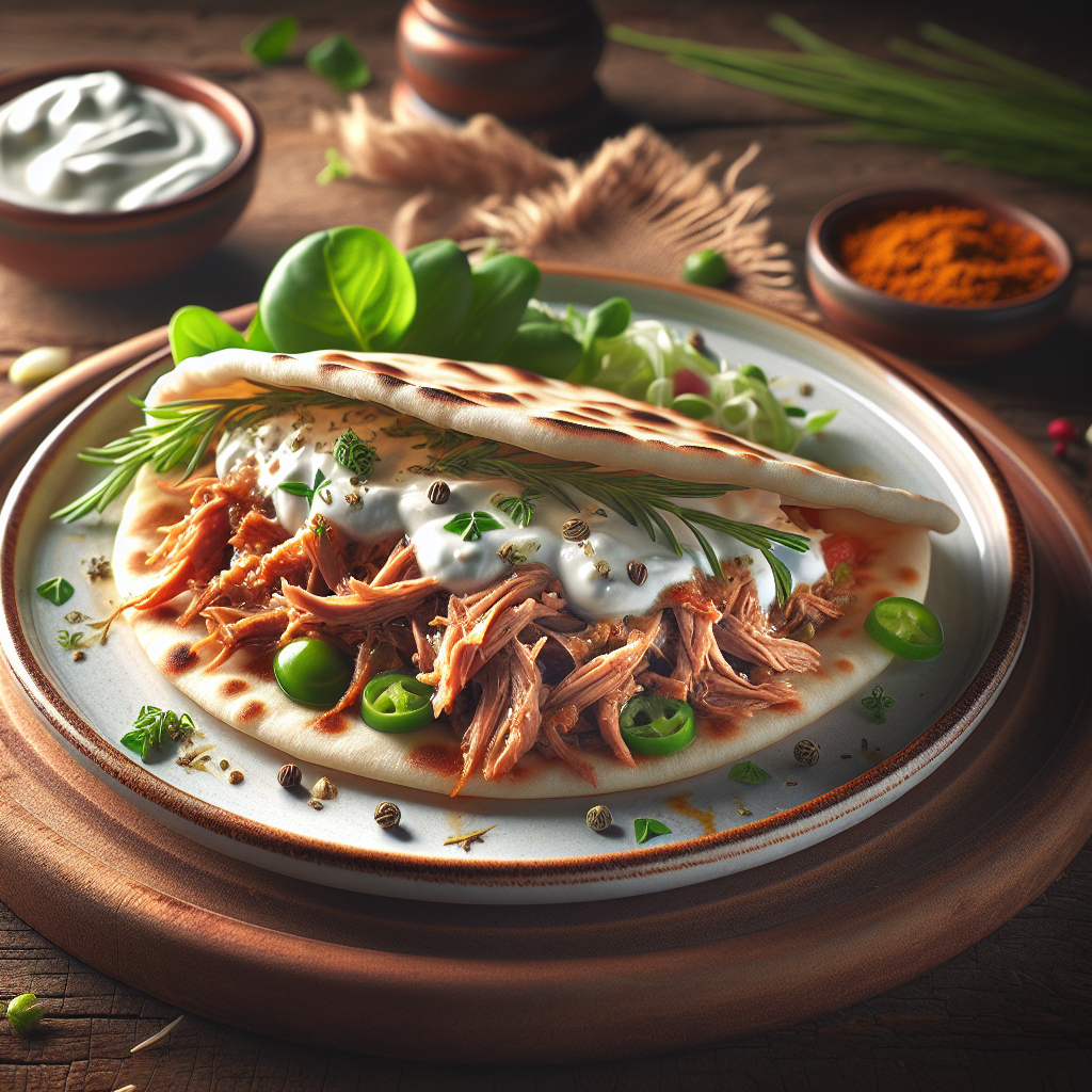 Keto Pita met Pulled Pork en Yoghurtsaus