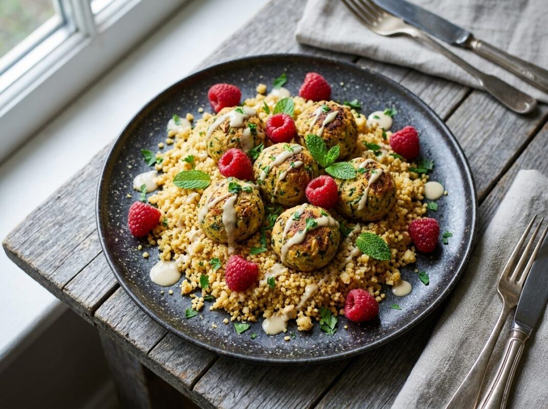 Keto Courgetteballetjes met Bloemkoolcouscous en Frambozen