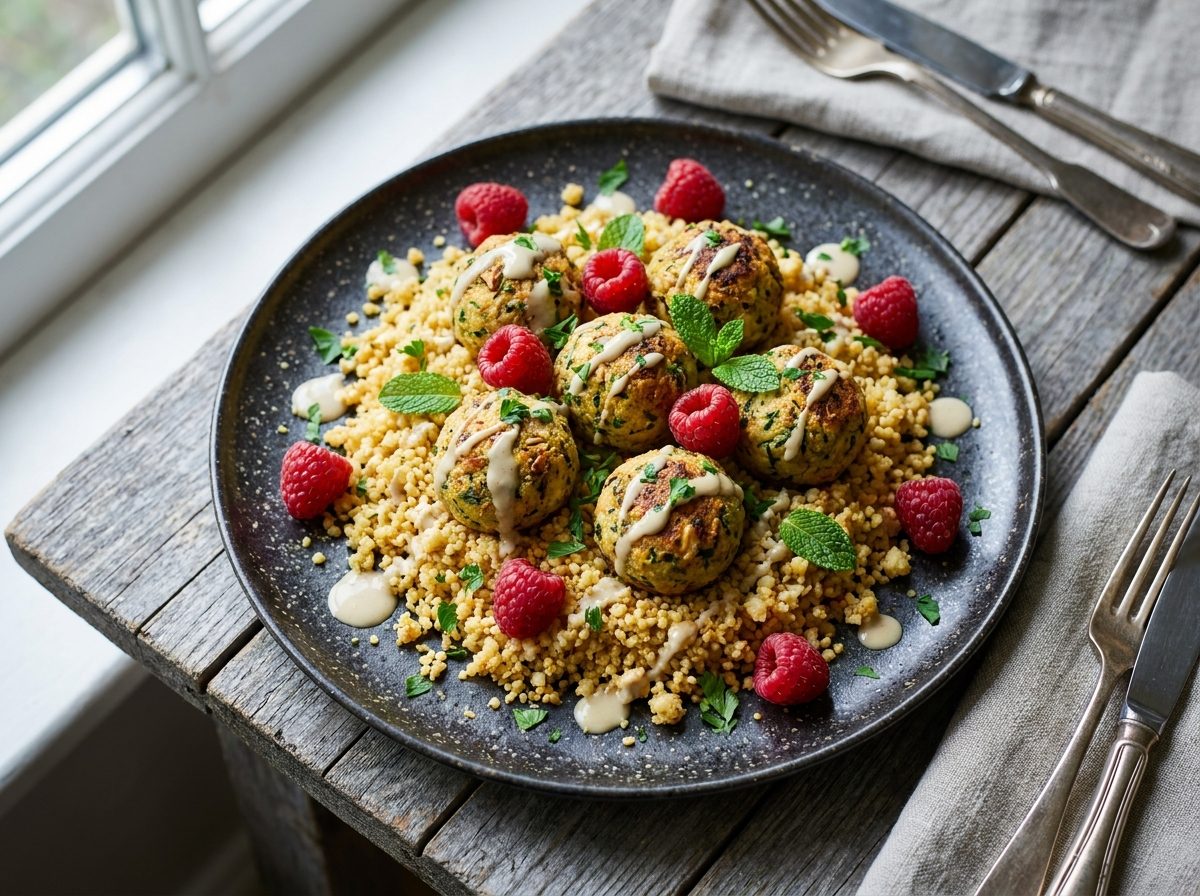 Keto Courgetteballetjes met Bloemkoolcouscous en Frambozen